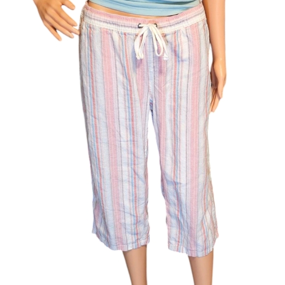 Wm Linen Blend Striped Capri Sz M Lagenlook Coastal Grandma Loose Fit Spring - Picture 1 of 9